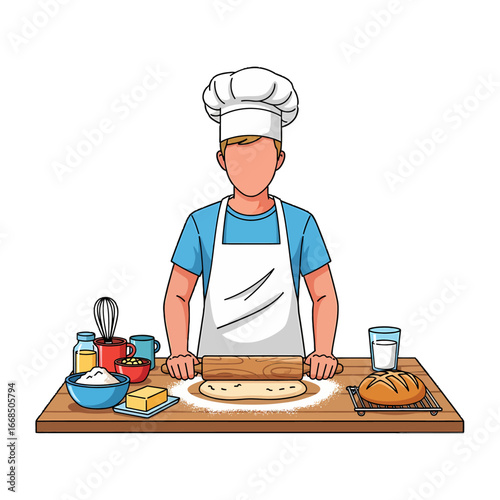 A chef is rolling out dough on a wooden table, surrounded by baking ingredients.