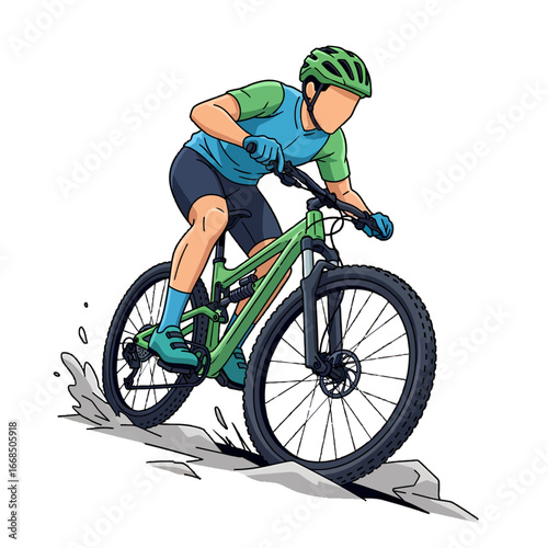 Illustration of a mountain biker riding downhill on a rocky trail with full suspension bike.