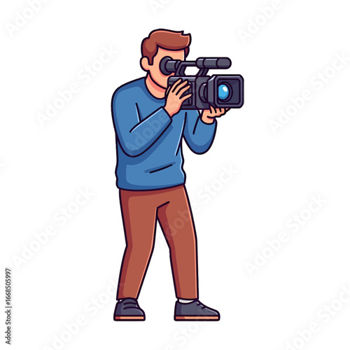 A person dressed in a blue sweater and brown pants is holding a professional video camera and looking through the viewfinder.
