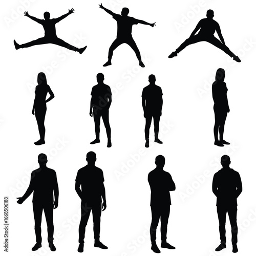 Collection of black silhouettes of people in various poses and stances