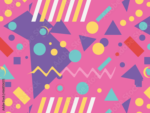 A vibrant and energetic 1990s inspired geometric pattern design with bold colors and abstract shapes for graphic design