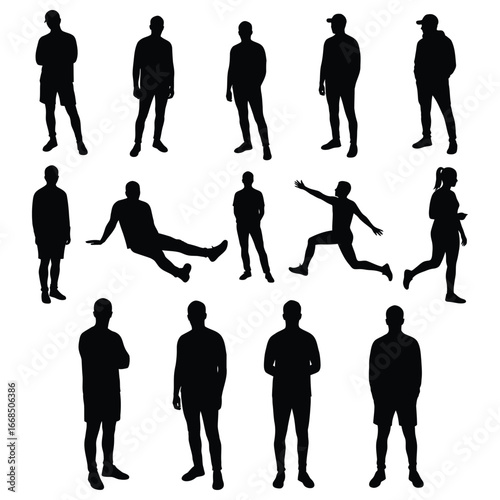 Collection of various black silhouettes of people in different poses and actions