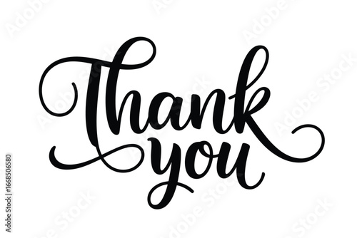 Elegant black calligraphy script spelling out the words thank you on a clean white background