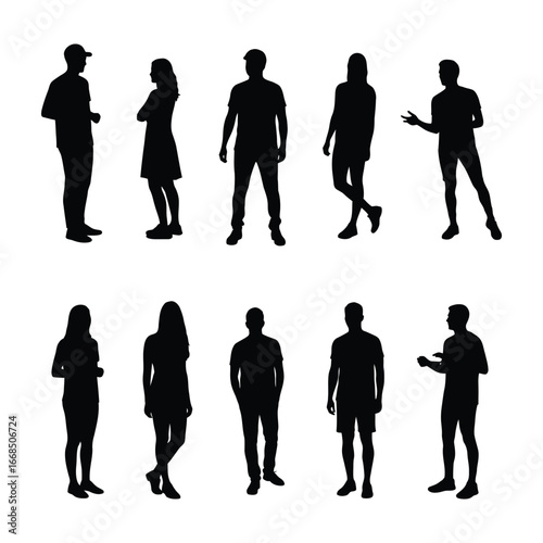 Silhouettes of people standing in various poses on a white background