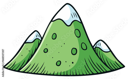 Cartoon Mountain Range with Snow-Capped Peaks and Bubbly Texture, Lush Green Hillsides, Nature Vector