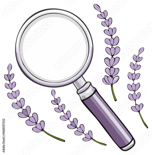 Magnifying Glass and Lavender Sprigs Illustration