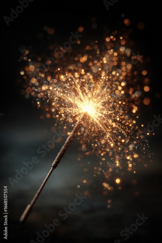 Close-up of a sparkling golden firework with bright glowing sparks and bokeh effect emanating from the tip in dark background scene