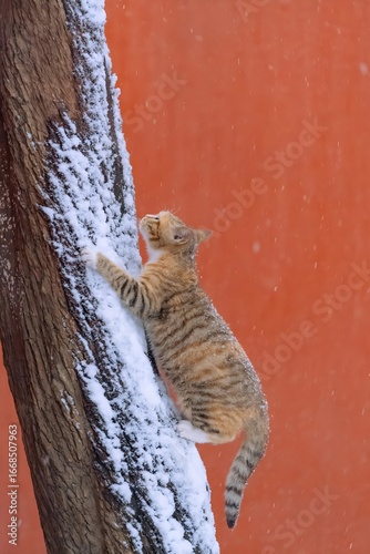 Tabby Cat Climbing a Snowy Tree