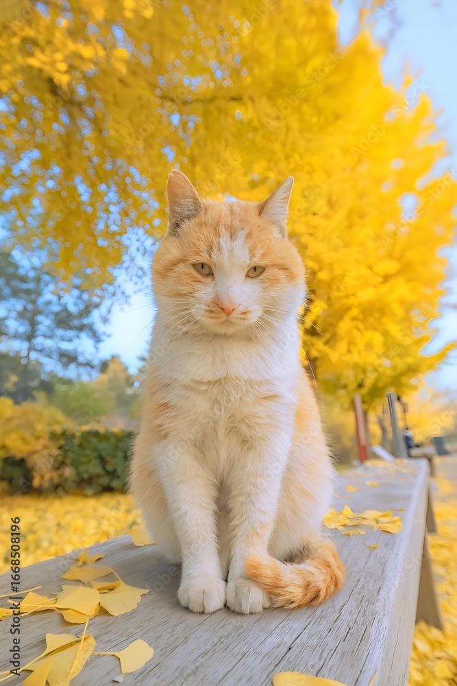 Fototapeta premium Ginger Cat Sitting on a Bench in an Autumn Park