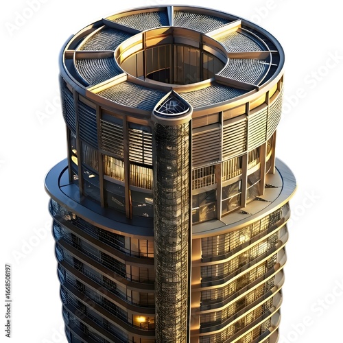 Modern Architectural Marvel: A breathtaking high-angle view captures a contemporary skyscraper, with unique design elements. Its elegant, symmetrical form, crowned by a circular top.