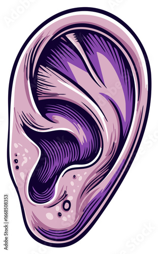 Illustration of an Ear with Stylized Lines and Purple and Lilac Hues for Medical Anatomy