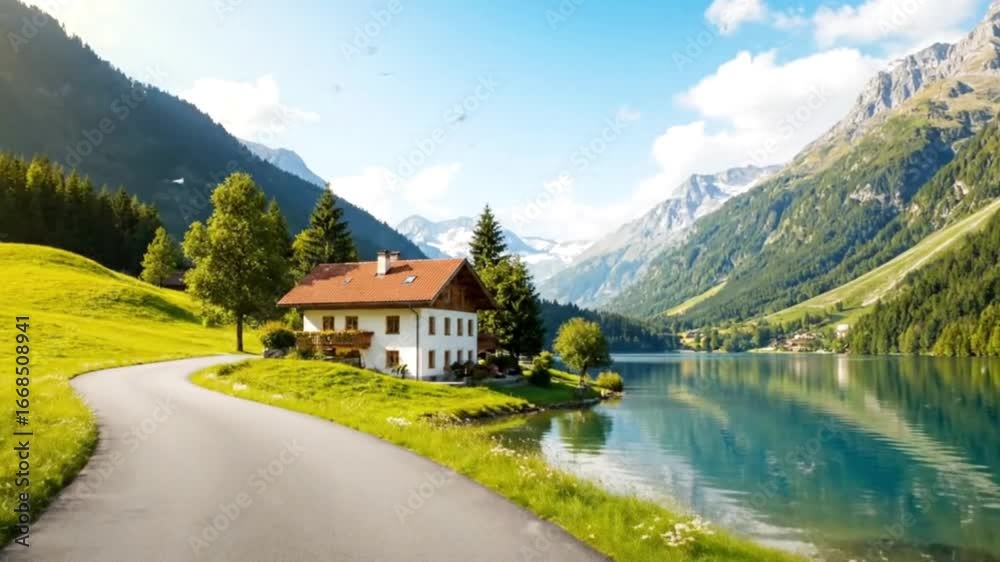 Beautiful stream with mountains, greenery and a peaceful house in nature, relaxing cinematic landscape video for meditation, background, and inspiration