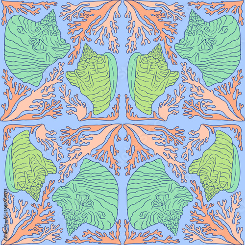 Pastel conch shell and coral coastal seamless pattern. Hand drawn mollusk repeat background