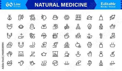 Natural Medicine Line Icon Set  Professional Minimalist Vector Collection Featuring Herbal Therapy, Holistic Healing, Organic Health,with Clean Modern Design