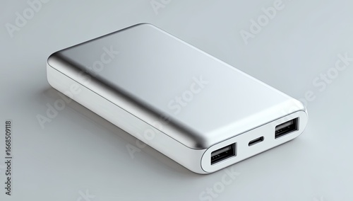 Sleek, silver portable battery pack rests on a light gray surface.  Two USB ports are visible