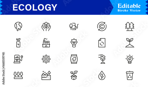 Ecology and Environment Outline Icon Set – Minimal Linear Eco Symbols for Sustainability, Recycling, Renewable Energy, and Green Planet Conservation Vector Collection