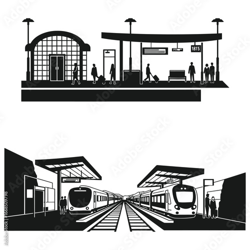 Black and white illustration of train station with people and trains
