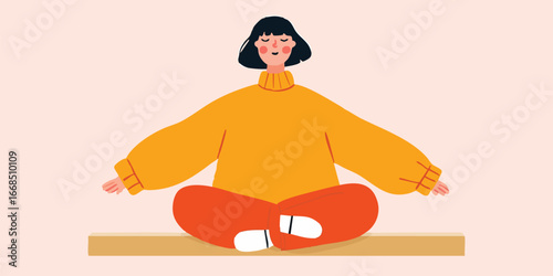 An illustration portrays a serene woman embodying the essence of mindfulness and tranquility through meditation.