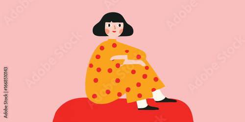 A stylish woman dressed in a modern polka dot dress sits in a relaxed pose, emanating a sense of serenity and contemplation. The scene exudes simplicity and the art style's elegance.