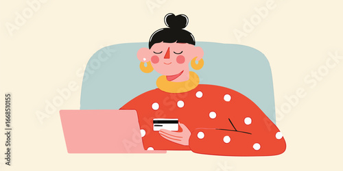 A woman at a laptop holds a credit card, symbolizing the convenience and ease of online transactions. A vibrant illustration captures the modern experience of e-commerce.