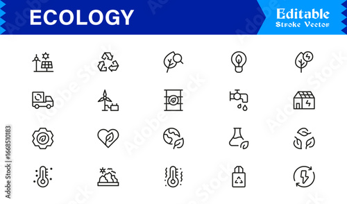 Ecology and Environment Outline Icon Set – Minimal Linear Eco Symbols for Sustainability, Recycling, Renewable Energy, and Green Planet Conservation Vector Collection