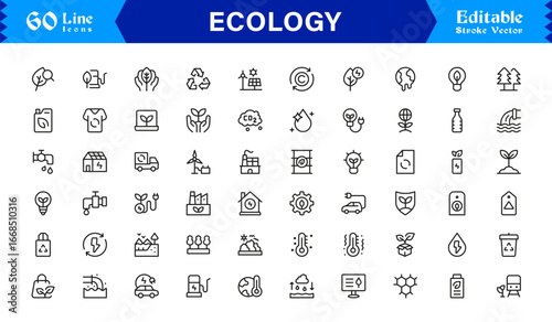 Ecology and Environment Outline Icon Set – Minimal Linear Eco Symbols for Sustainability, Recycling, Renewable Energy, and Green Planet Conservation Vector Collection