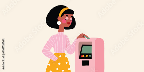 A stylish woman withdrawing money from an ATM. With the soft light and modern style, the image captures the convenience and accessibility of modern banking.
