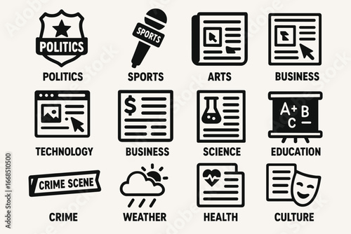 Journalism Beat Icons. Solid style icons of journalism for different beats: politics badge, sports mic, arts coverage camera, tech