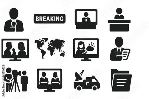 News Icon Set. Solid style icons of news broadcasting: anchor with mic, breaking news banner, news ticker line, studio with desk,