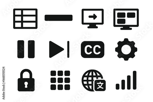 TV Interface Icons. Solid style icons of TV user interface: channel guide, volume bar, input selector, streaming menu, pause