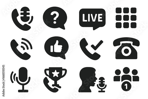 Interactive Radio Icons. Solid style icons of interactive and call-in radio: phone icon with mic, listener question bubble, live