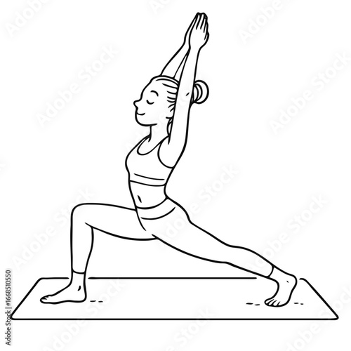 Woman training yoga on mat, black and white drawing