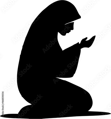 A Muslim woman is praying on a transparent background. Vector illustration icon.