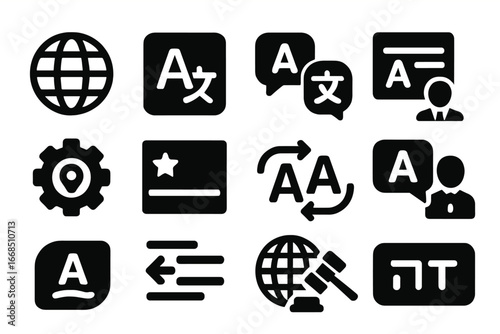 Multilingual Forum Icons. Solid style icons of multilingual forums: globe icon, language selector, translation icon, bilingual