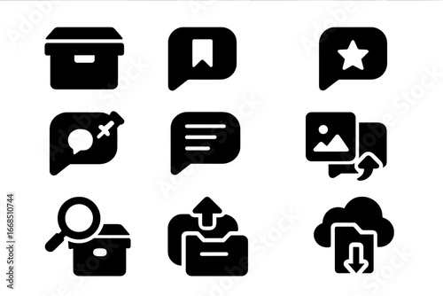 Chat Icon Collection. Solid style icons of archived and saved chats: archive box, saved message, starred message, pinned chat,
