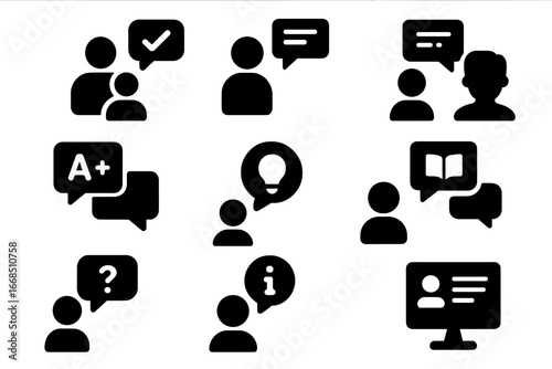 Educational Feedback Icons. Solid style icons of educational comments: peer review, teacher feedback, student comment, graded