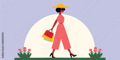 A stylish woman strolls with shopping bags, exuding grace and sophistication in an illustrated depiction of leisure and lifestyle. capturing the essence of fashionable leisure.