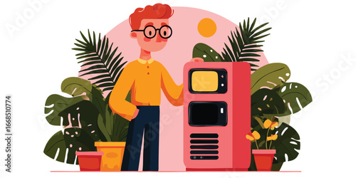 A contemporary illustration showcases a man standing beside a stylish vending machine amidst flourishing plants, creating a harmonious blend of technology and nature.