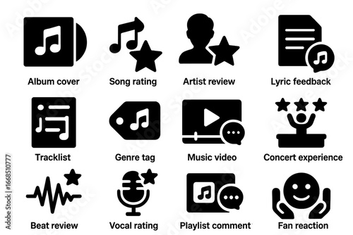 Music Review Icons. Solid style icons of music reviews: album cover, song rating, artist review, lyrics feedback, track list,