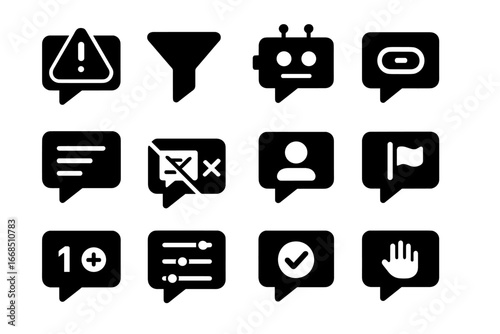 Comment Spam Icons. Solid style icons of comment spam detection: spam warning, auto-filter icon, bot reply, suspicious link,