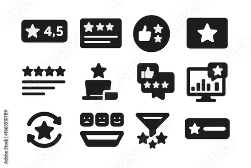 Platform Review Icons. Solid style icons of platform review systems: platform score, category rating, system review badge, review