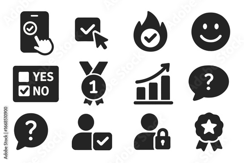 Quick Poll Icons. Solid style icons of quick polls: instant vote, one-click poll, trending topic vote, emoji response, yes/no