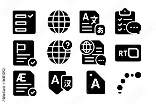 Multilingual Survey Icons. Solid style icons of multilingual surveys: language selector, globe icon, translated form, bilingual