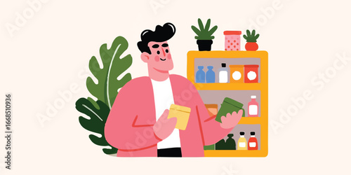 A man shops for groceries in a meticulously designed pantry. It is a clean, modern illustrated image of a consumer interacting with well-organized shelves showcasing various grocery items.