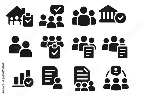 Community Survey Icons. Solid style icons of community surveys: neighborhood poll, group feedback, civic issue vote, local opinion