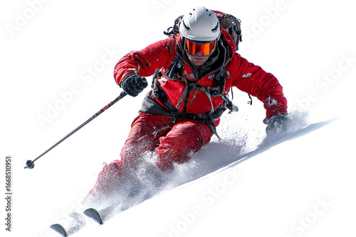 A male skier in a bright red jacket carves down a snowy slope, kicking up fresh powder.