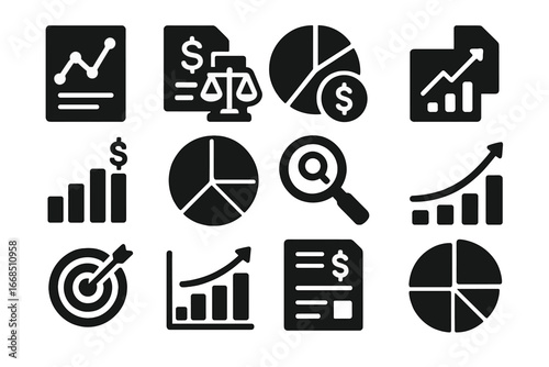Solid Financial Icons. Solid style icons of financial statistics: income statement graph, balance sheet icon, profit vs loss chart