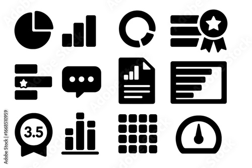 Poll Icons Collection. Solid style icons of poll result types: pie chart icon, stacked bar graph, percentage wheel, winner
