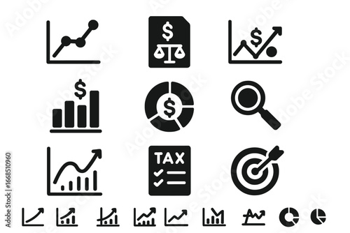 Solid Financial Icons. Solid style icons of financial statistics: income statement graph, balance sheet icon, profit vs loss chart