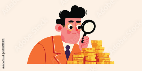 An investor meticulously examines stacks of gold coins through a magnifying glass, his focused gaze reflecting the potential wealth and financial prospects.